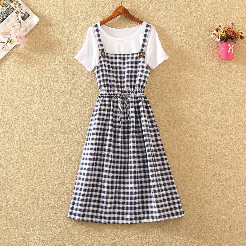 Gaun Kotak-kotak Wanita, Gaya Korea Panjang Sedang PutihTBaju Kaos+Rok Suspender Pakaian Gadis Sekol