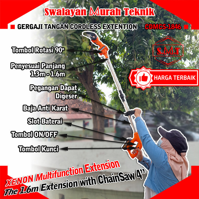 BEBAS ONGKIR - XENON CDMCS1846 SAMBUNGAN EXTENSION CHAINSAW CORDLESS GERGAJI BATERAI