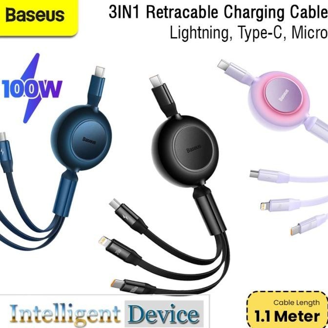 Baseus 3In1 Retractable Charging Cable 100W Lightning Type C Micro