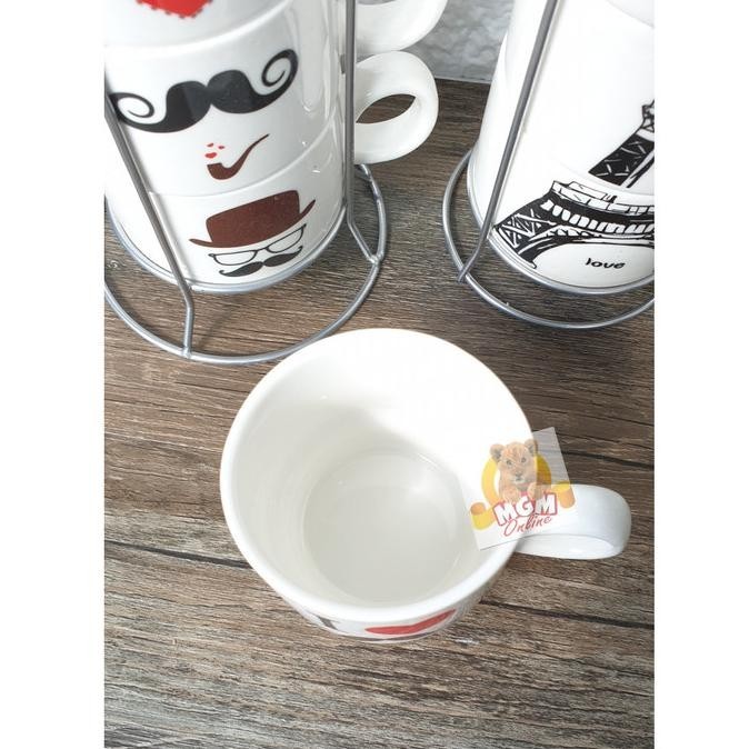 Keramik Mug Susun 4 dengan Rak Stainless 7CM rickostore