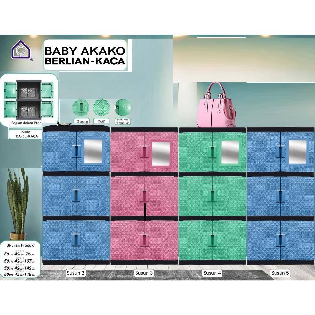 Lemari Pakaian Baju Plastik Akako Baby Berlian Mini Susun 2 3 4 5 Pintu MURAH KACA CERMIN MURAH KOKO