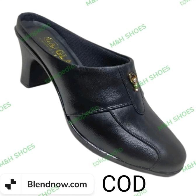 Sepatu Sandal Wanita Bustong Sandal Kulit Asli Hitam Hak 5Cm