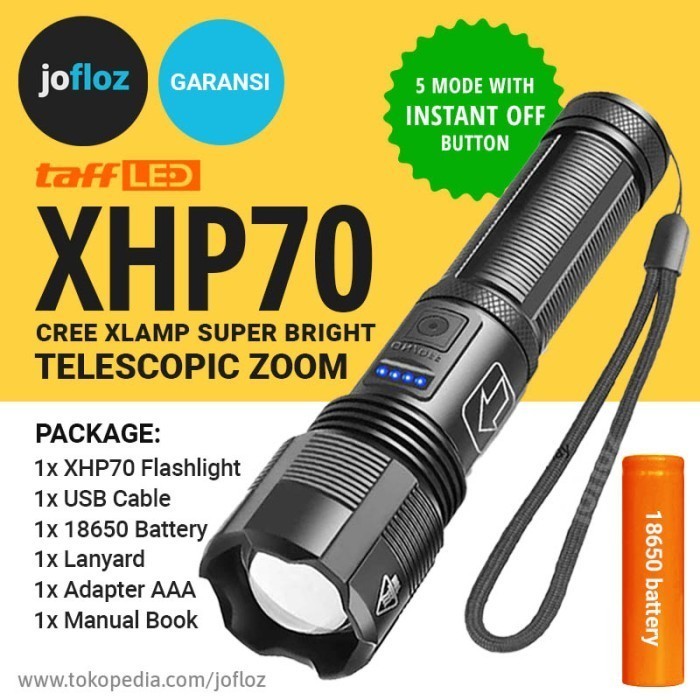 Senter LED XHP70 ZOOM + Baterai 18650 USB Recharge - XHP 70 P7 SWAT