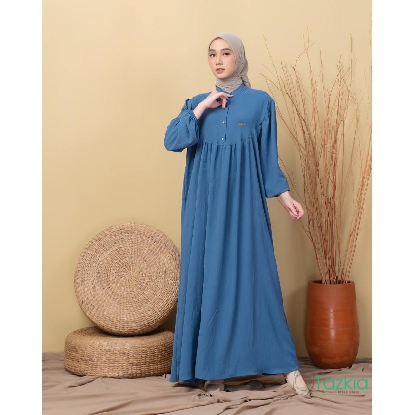 Dress Muslim Wanita | Amelia Denim Gamis Polos Crinkle | Tazkia Hijab Ready Stok
