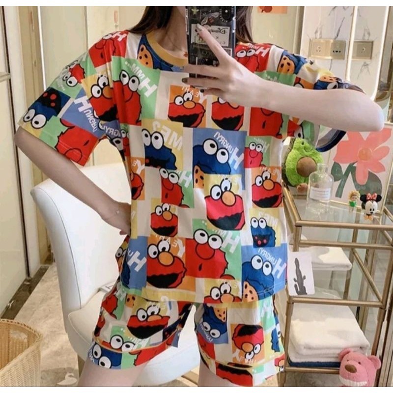 Baju Tidur Wanita Piyama Lengan Pendek 1 Set (Atasan & Bawahan)