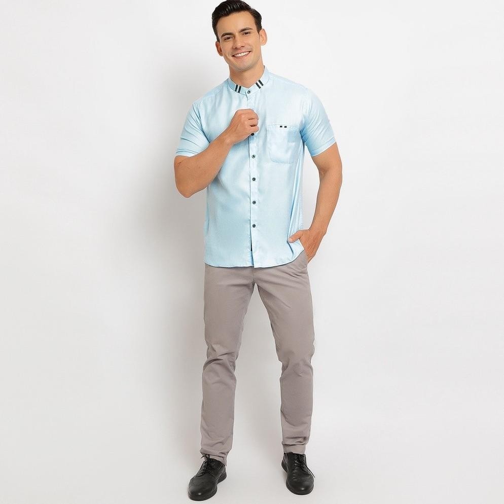 OIU Baju Muslim Pria Kemeja Koko Kerah Shanghai Lengan Pendek Warna Biru Langit BK204040 TERLARIS