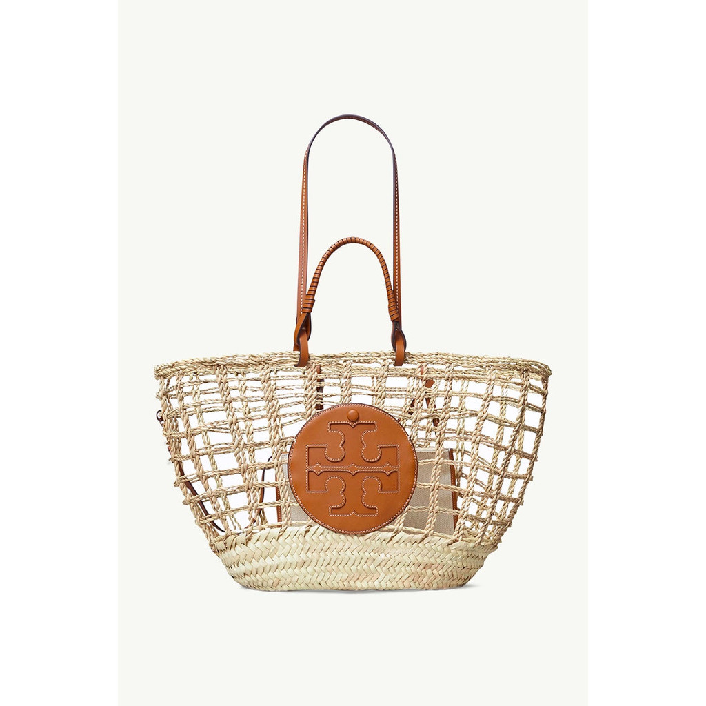 TORY BURCH Medium Ella Open Weave Basket Tote Bag in Natural/Tan