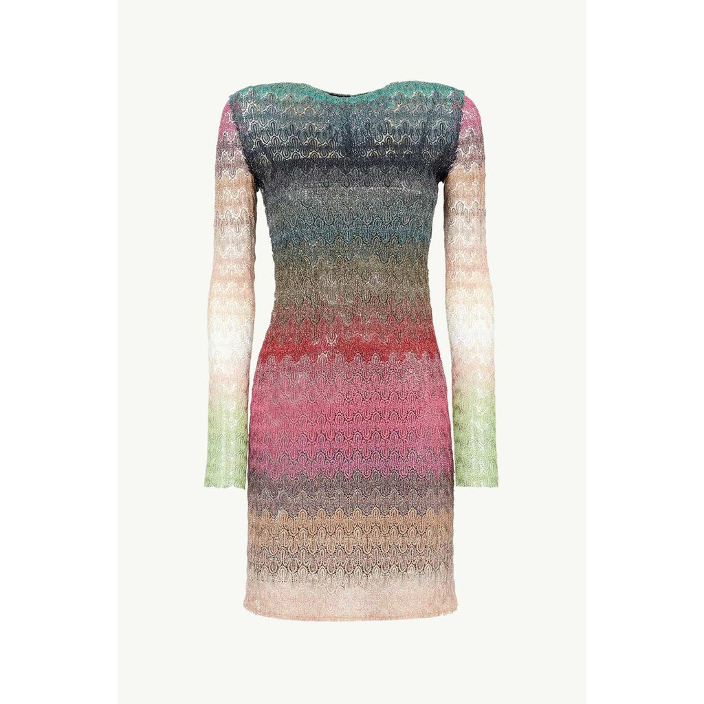 MISSONI Women Degrade Wavy Patterns Mini Dress in Green/Pink Multicolor Glitter with Long Sleeves