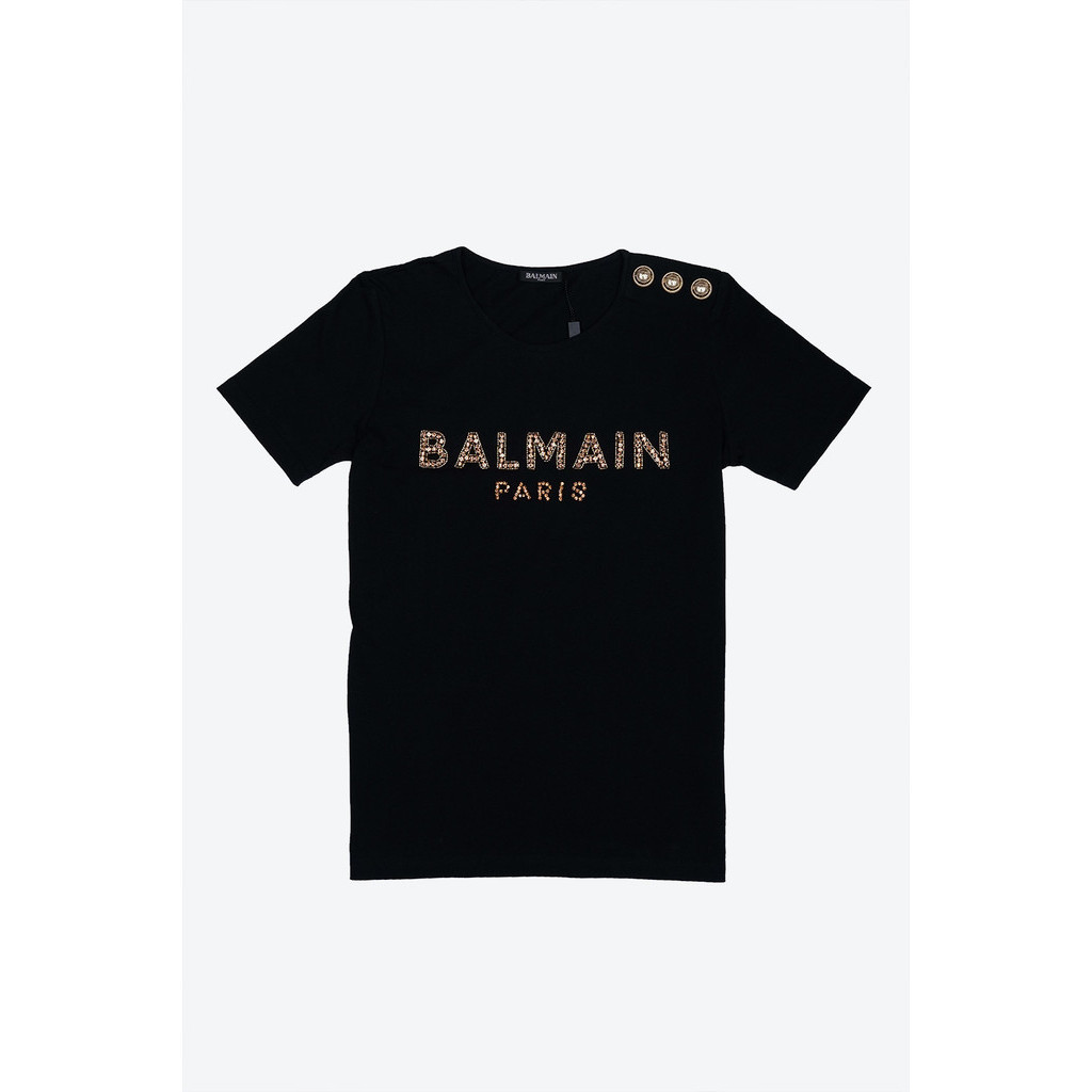 BALMAIN Women 3 Buttons Balmain Paris Rhinestone Logo T-Shirt Black/Gold