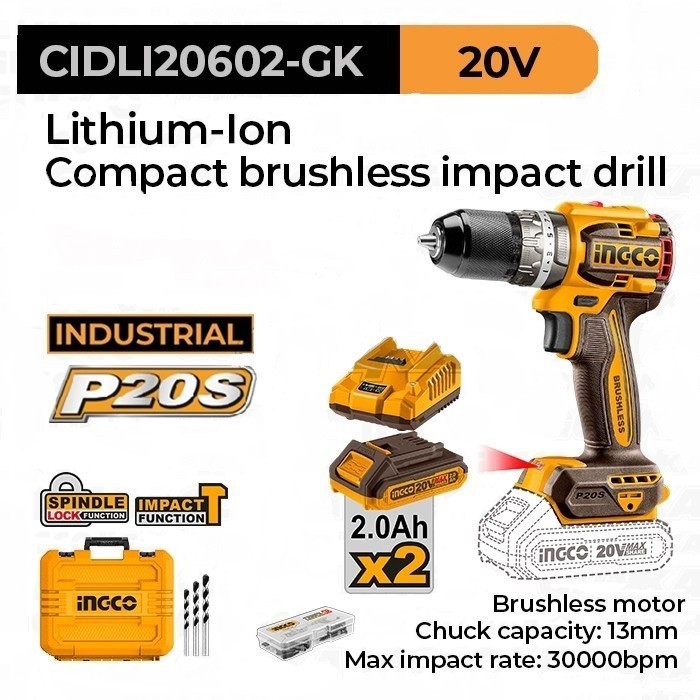 BOR IMPACT CORDLESS 13MM BRUSHLESS INGCO CIDLI20602 IMPACT DRILL BRUSH