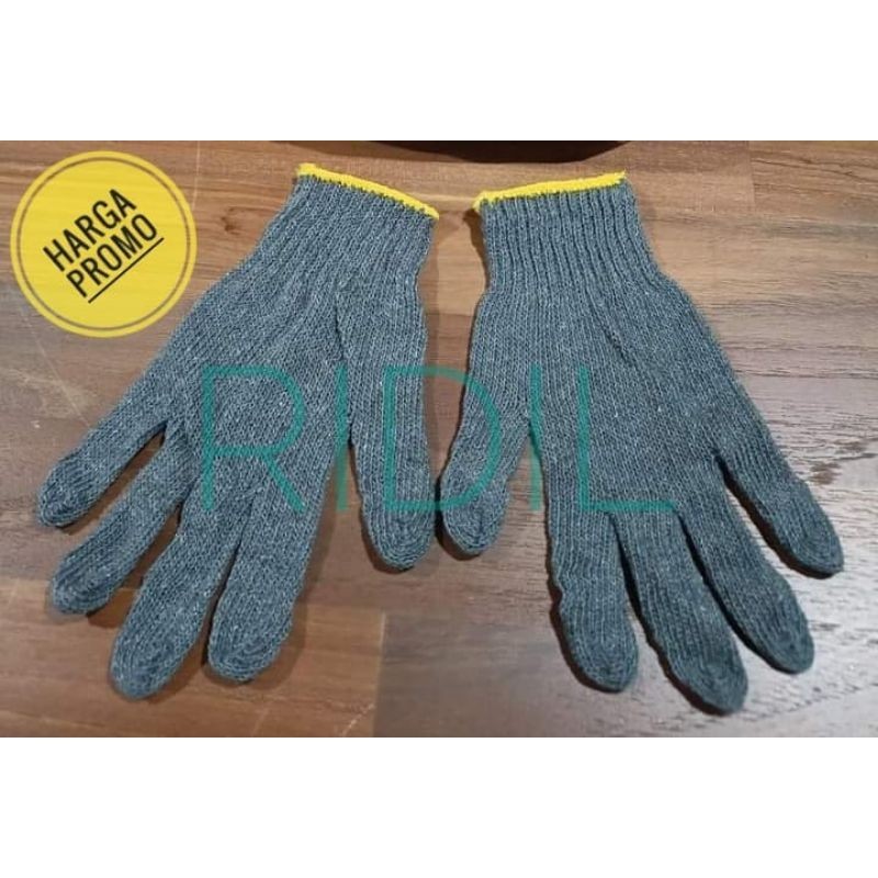 sarung tangan kerja (1lusin/12pasang) kain katun rajut abu abu benang 4/5 standar serbaguna