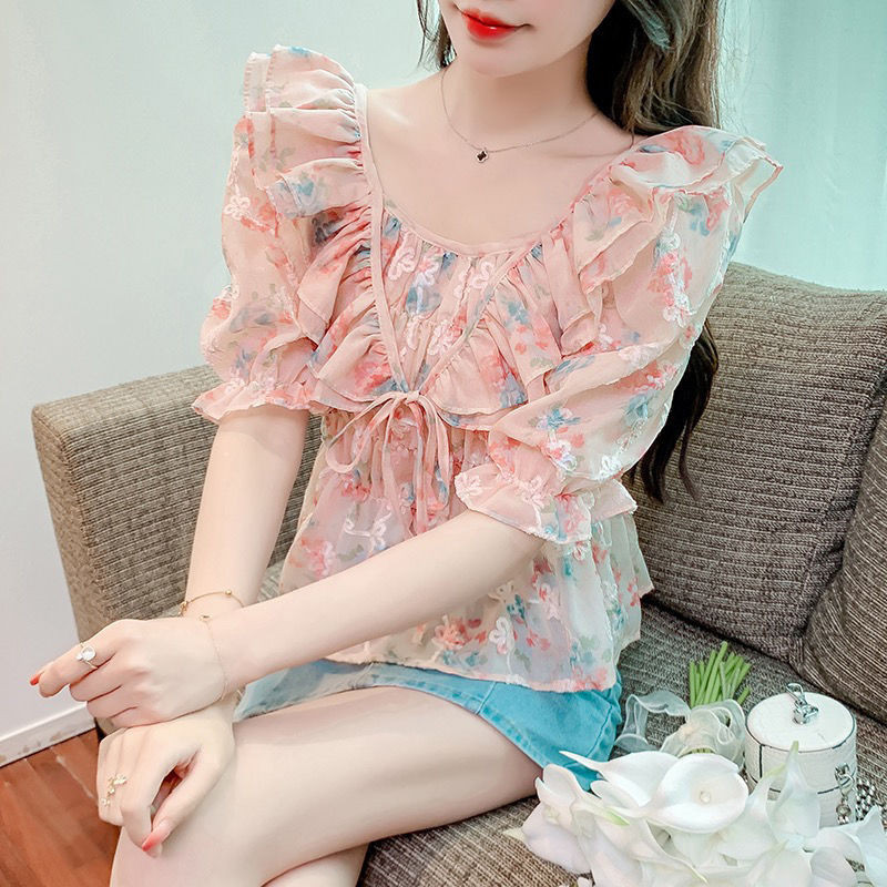 Baju Sifon Wanita, Baju Sifon Lengan Pendek Motif Bunga Modis Gaya Perancis Lipit