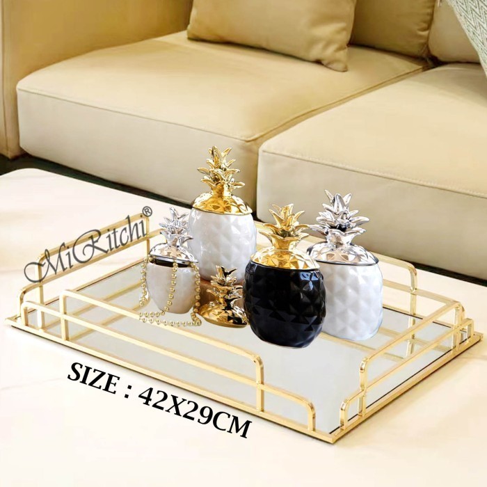 EUROPEAN IRON CRYSTAL GOLD MIRROR LUXURY SERVING TRAY PAJANGAN DEKOR