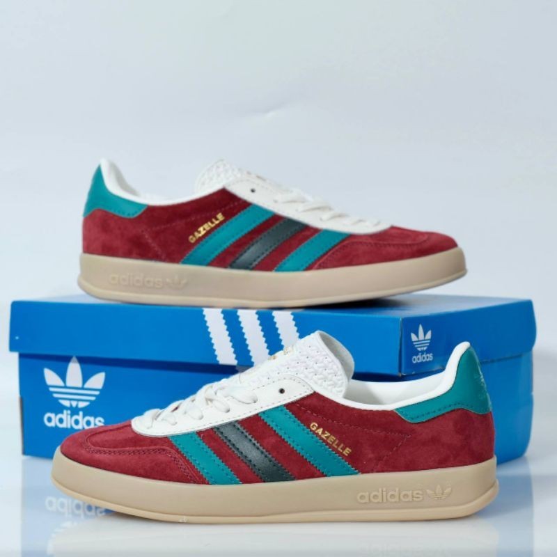 Sepatu Kasual | Adidas Gazelle Indoor Collegiate Burgundy Arctic Fuchsia Green | Warna merah | lengk