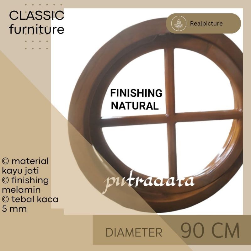 Dekorasi Jendela Dinding Bundar 90cm Kayu Jati Buka Putar