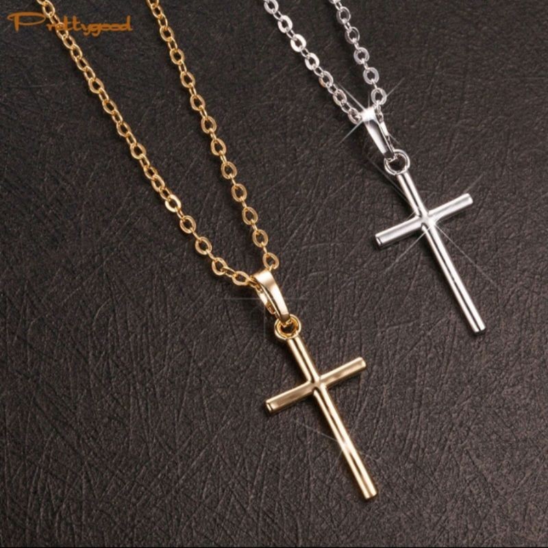 Kalung Salib Polos Rantai Nuri Titanium Silver Dan Emas