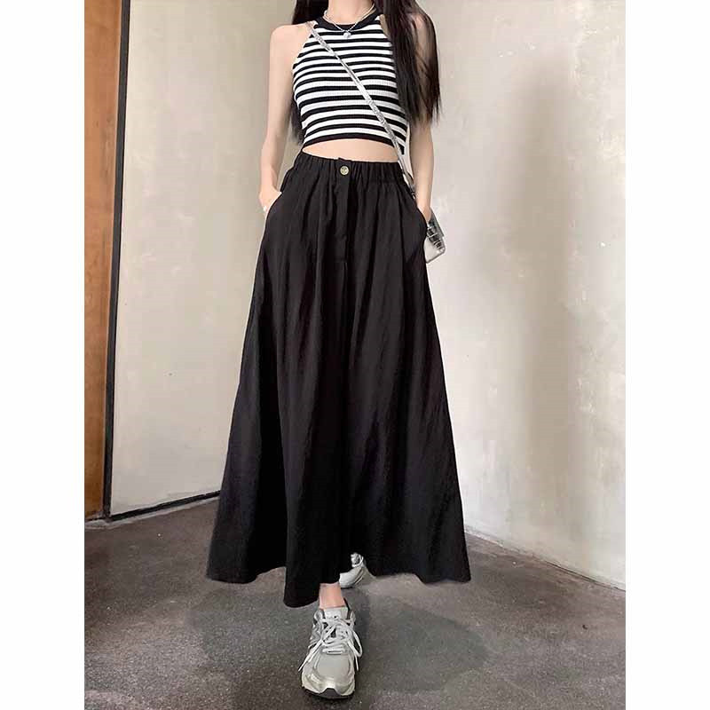 Musim Panas Wanita2024Rok Hitam Baru Wanita Setengah PanjangARok Garis