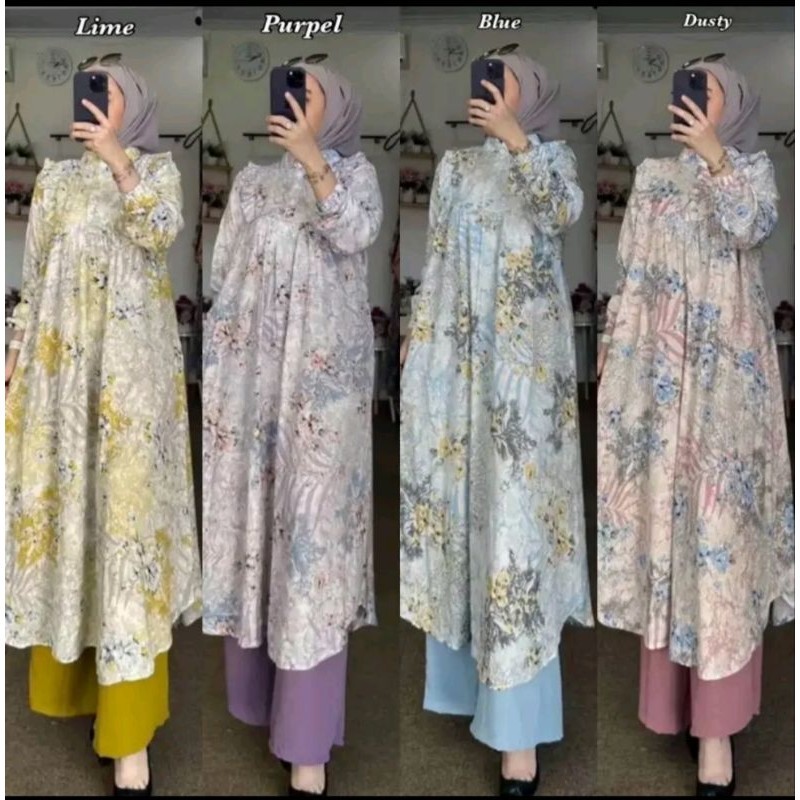 SETELAN MIDI KATUN DELVINA MIX PANTS / ONESET SETELAN TUNIK RAYON PREMIUM MOTIF BUNGA / ONESET LONG 