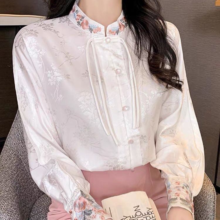 Kemeja bordir lengan panjang gaya China baru warna putih wanita retro Hanfu Tangzhuang