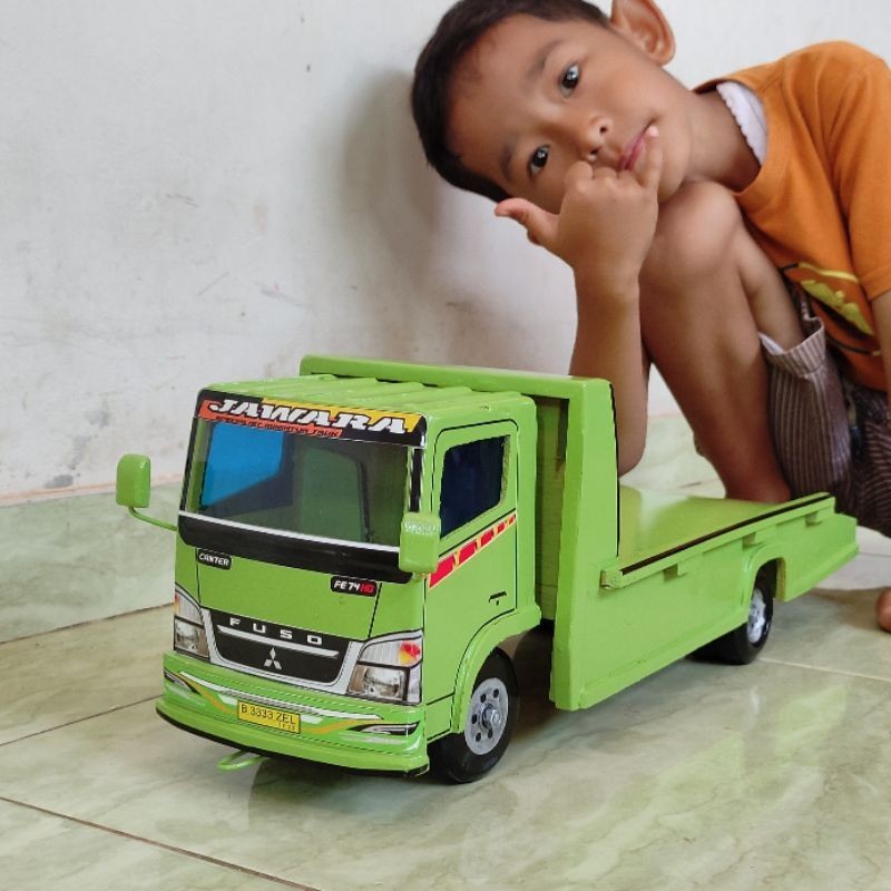 Real pict Miniatur mobil mainan anak laki truk oleng towing kayu P 50cm truck losbak truk muat mobil