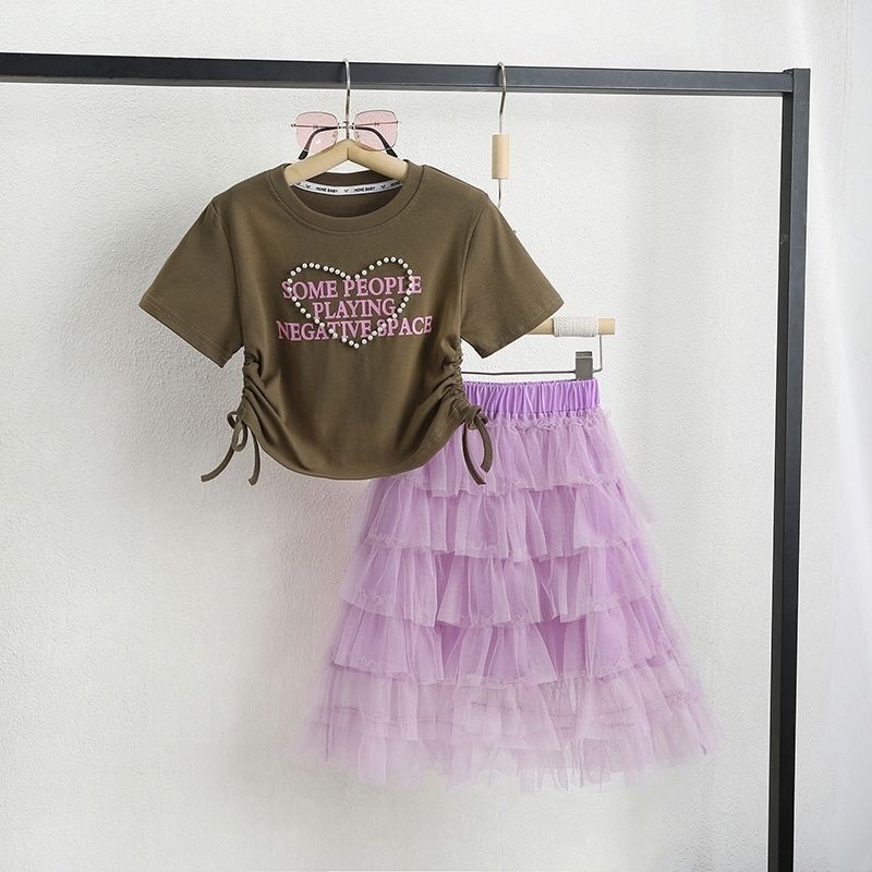 Gaun Anak Perempuan, Rok Kue Putri Gaya Barat Baru, Rok Lengan Pendek Remaja Set Dua Potong