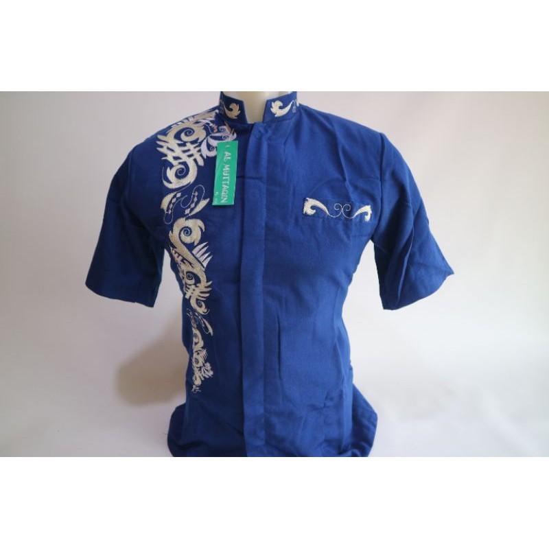 Baju Koko Pria Muslim Pra Dewasa Jasko Jas Koko Lengan Pendek Biru Bordir Al Muttaqin