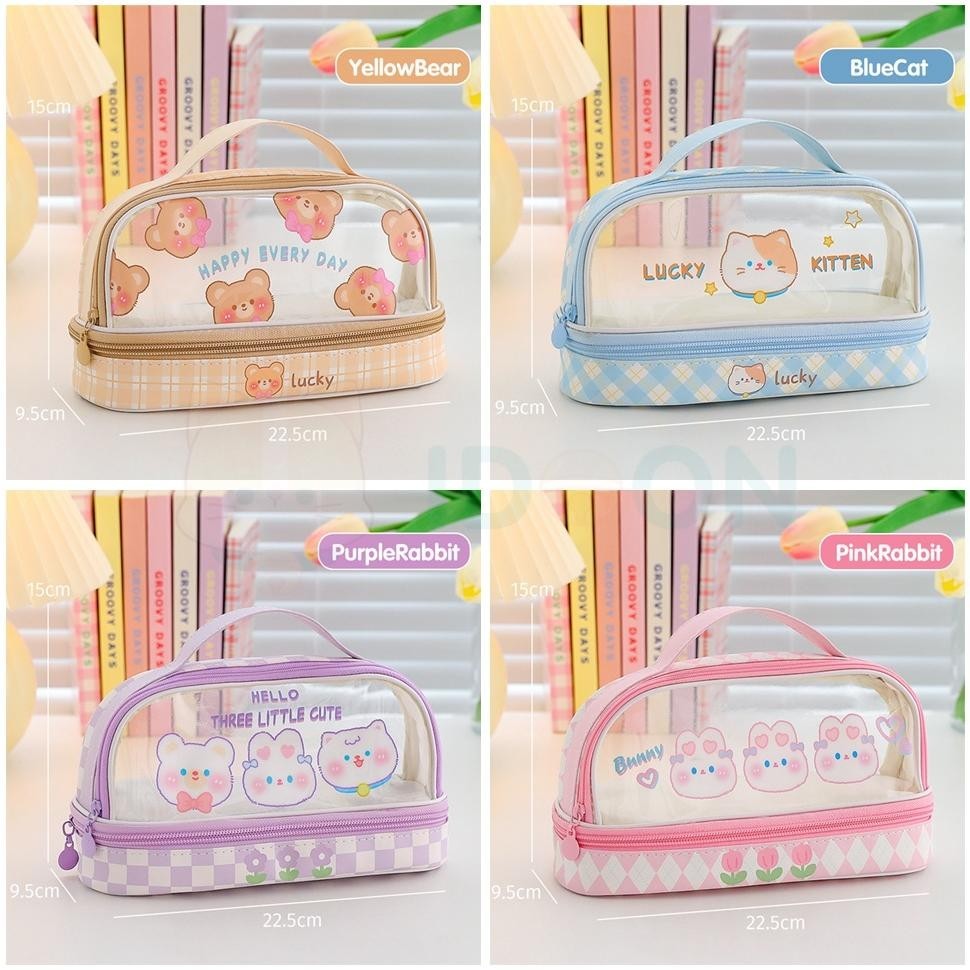 

dgf-4 IDOON Pencil Case Transparan Korea Tempat Pensil Besar Dua Lapis Kotak Pensil Tempat Pola Hewan Lucu Murah