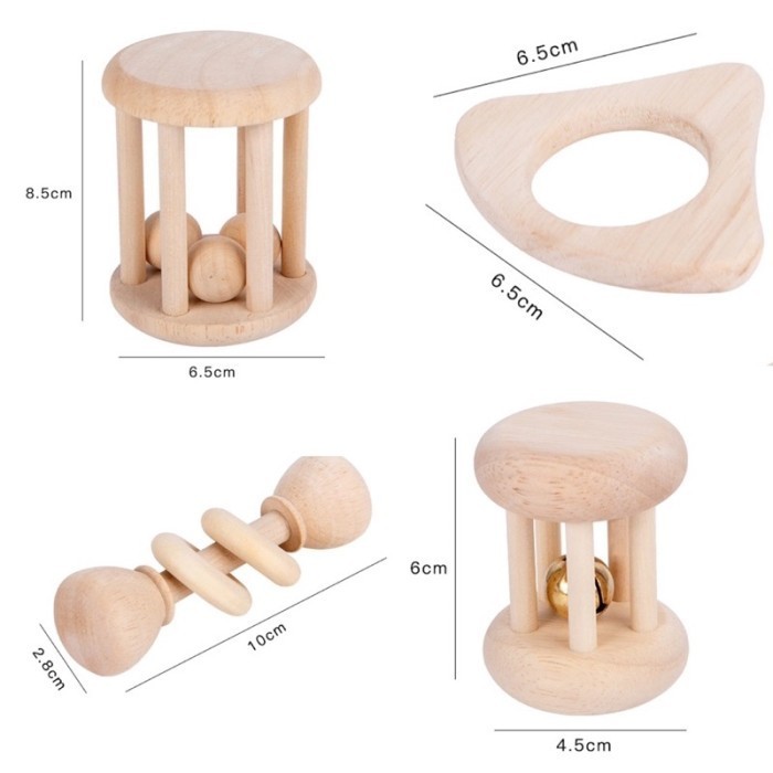 

Wooden Rattle Toy Montessori Teething Ring Log Geometri