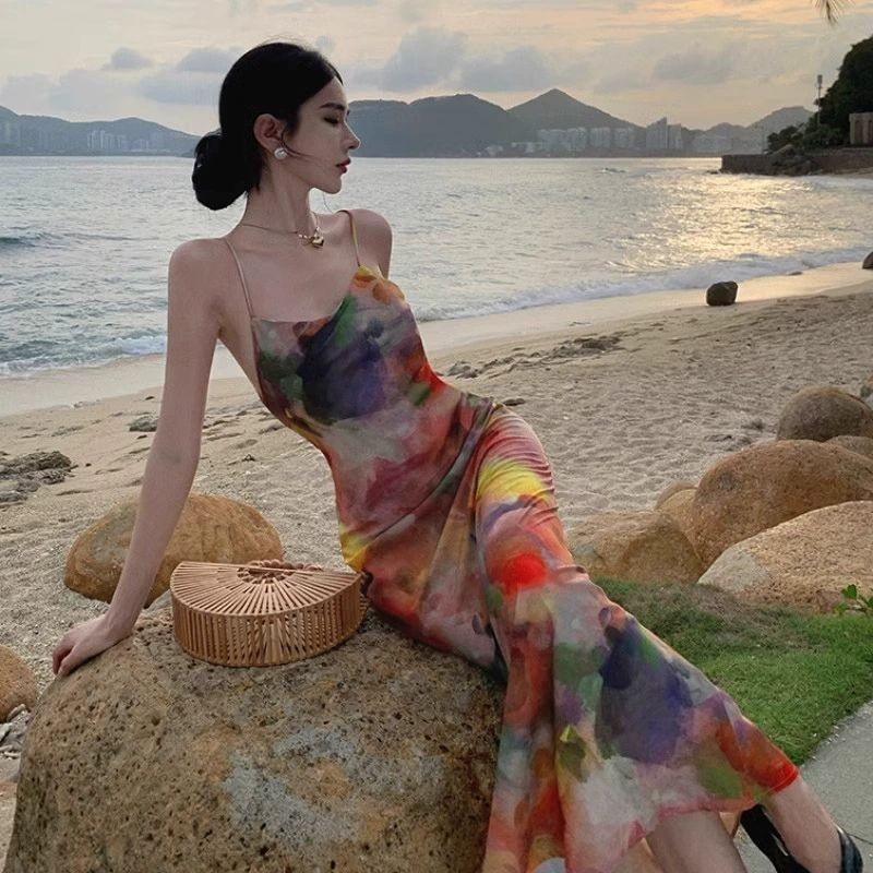 Summer New Retro Oil Painting Strap Dress