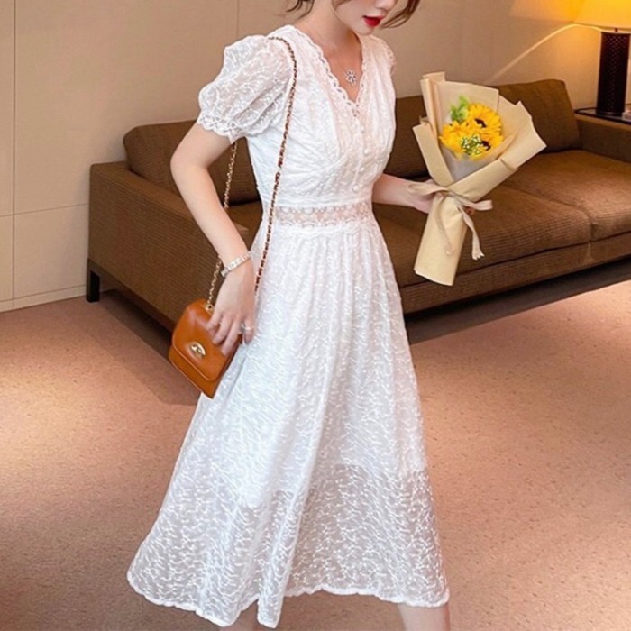 Midi Dress Lace Princess White Vintage Korean Styel Elegant Classy Termurah