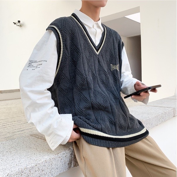 Rompi Pria Korean Style INS Vest  V-neck Sweater  Rajut / Tanpa Lengan Rompi Vest Pria Fashion OVERSIZE Pria