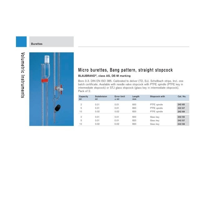 Mikro Buret 5Ml Class A Straight Stopcoak. Ptfe Key Micro Buret Brand