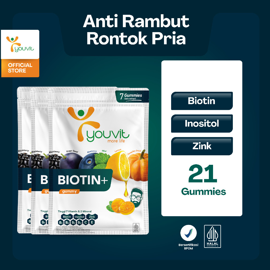 Biotin Gummy untuk Vitamin Rambut Rontok Pria | Youvit Biotin+ for Men 21 Hari