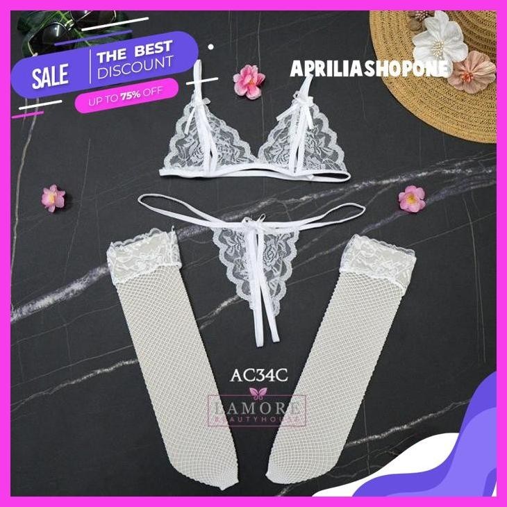 KUALITAS PRODUK TERBAIK STOCKING + BRA SET G STRING UNDERWEAR WANITA LACE PINK ACD