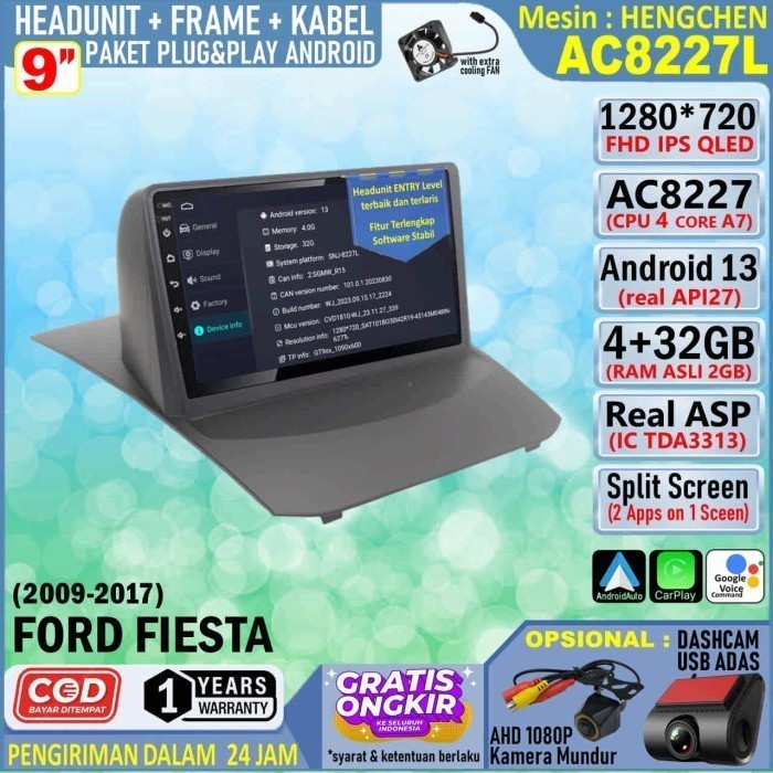Paket Headunit Android 9 inch + Frame + PNP Canbus Ford Fiesta 2010 Hengchen AC8227 RAM 2GB-ROM 32GB