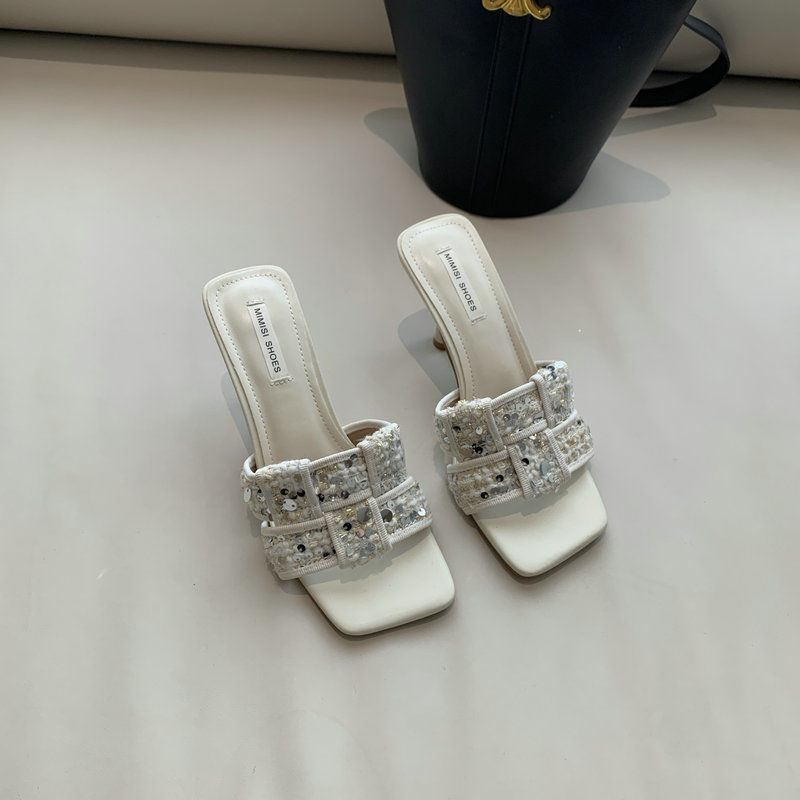 Sandal Hak Tinggi Ujung Persegi Desain Niche, Sandal Stiletto Tali Pergelangan Kaki Tenun Vintage Ga