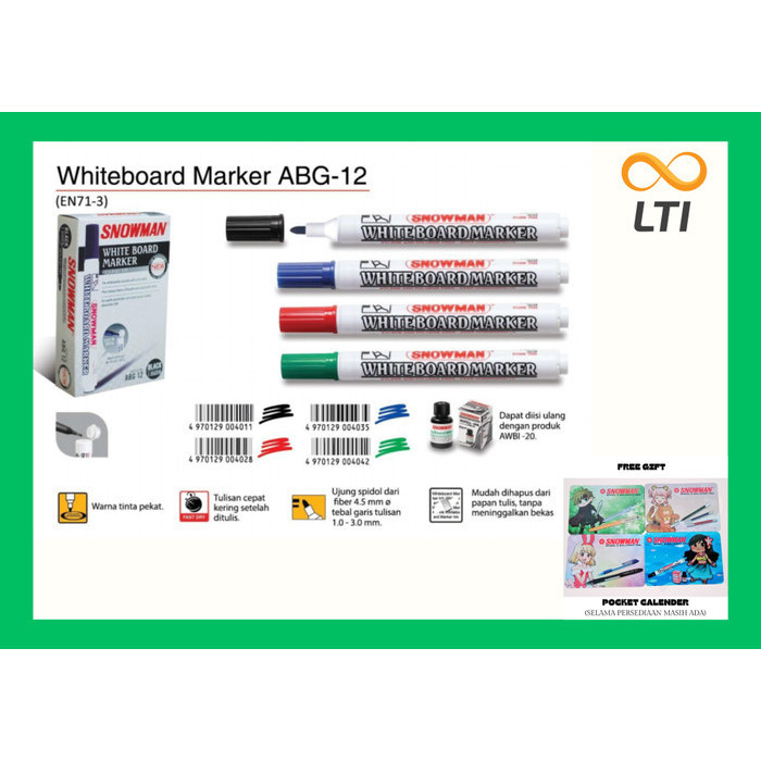 

Spidol Whiteboard Marker / Non Permanent Snowman Murah Abg-12 / Lusin
