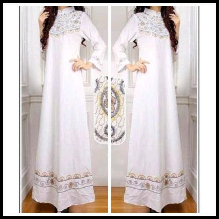 (MURAH) gamis maxi muslim maxy baju dress long katun bordir pesta putih white Silahkan diorder