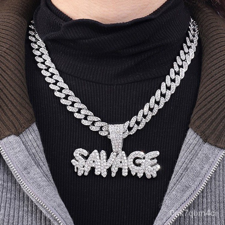 wishAliexpress LettersSAVAGELarge Pendant Hip Hop Cuban Link Chain Street Rap Alloy Full Diamond Per