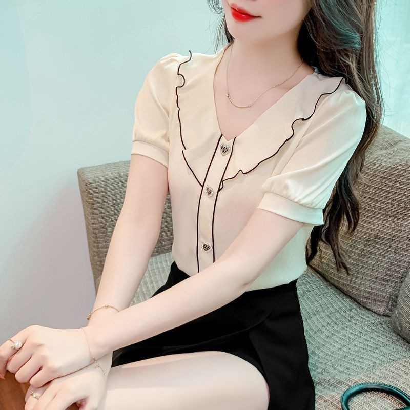 Kemeja Sifon Pulover Longgar untuk Wanita, Kemeja Longgar Netral untuk WanitaVAtasan Lengan Pendek K