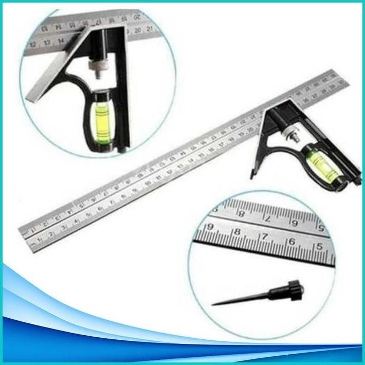 (HST) MISTAR PENGGARIS SIKU KOMBINASI WATERPASS SIKU SUDUT STAINLESS 30 CM