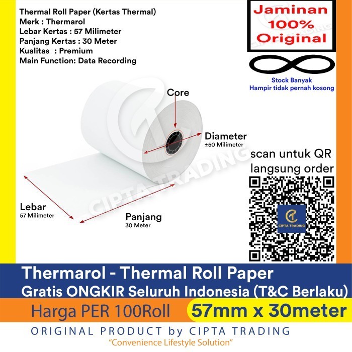 

Kertas Thermal / Thermal Paper - Thermarol - 57mm x 30M (100Rolls)