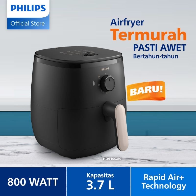 Airfryer Philips Termurah, Low Watt, air fryer multifungsi HD9100/80 dengan RapidAir+ Technology 3.7 L - Hitam