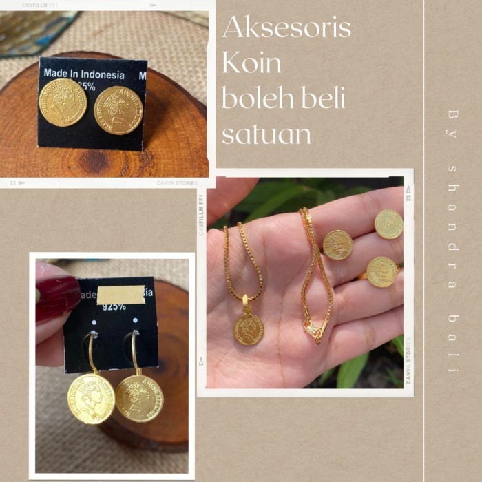 Produk Unggulan] Set Perhiasan Anting + Kalung + Cincin Koin Dollar Elizabeth Kuningan