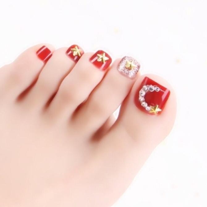 Kuku Kaki Palsu Merah Free Lem - 24 Pcs Kuku kaki Merah - Nail Art