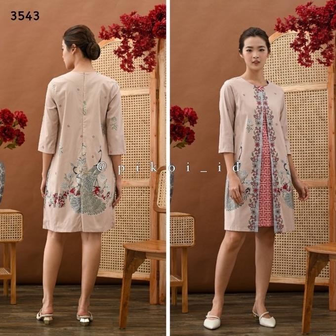 Dress Batik Wanita Modern Lengan Panjang / Seragam Dress Semi Rompi