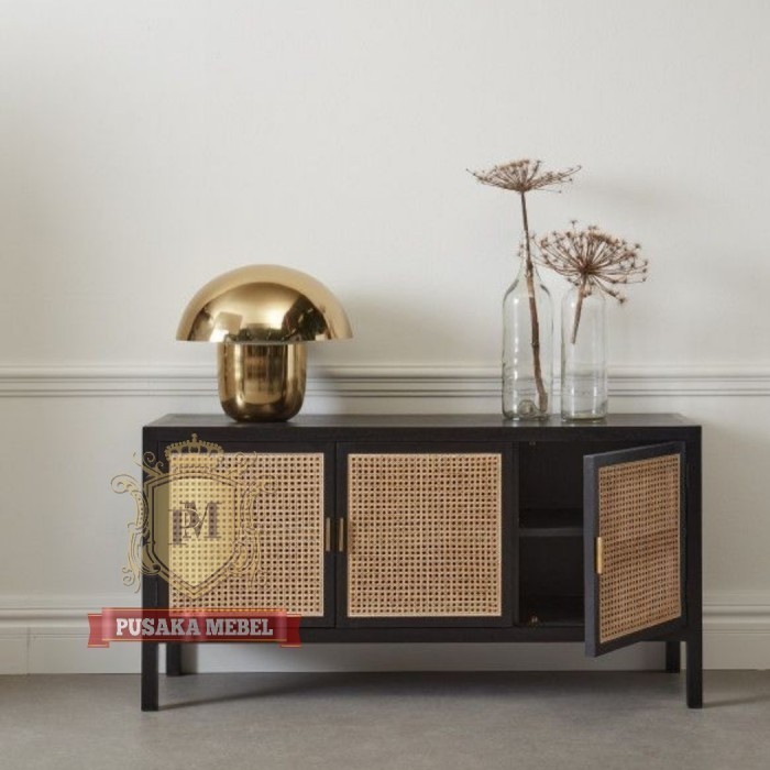 meja tv vintage kayu rotan minimalis, meja buffet tv rotan, cabinet tv
