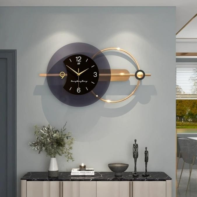 jam hiasan dinding aesthetic mewah decoratif hitam besar