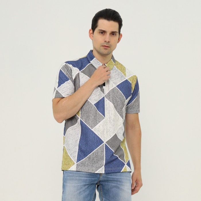 POSHBOY Kaos Kerah Pria Zipper Lengan Pendek Motif