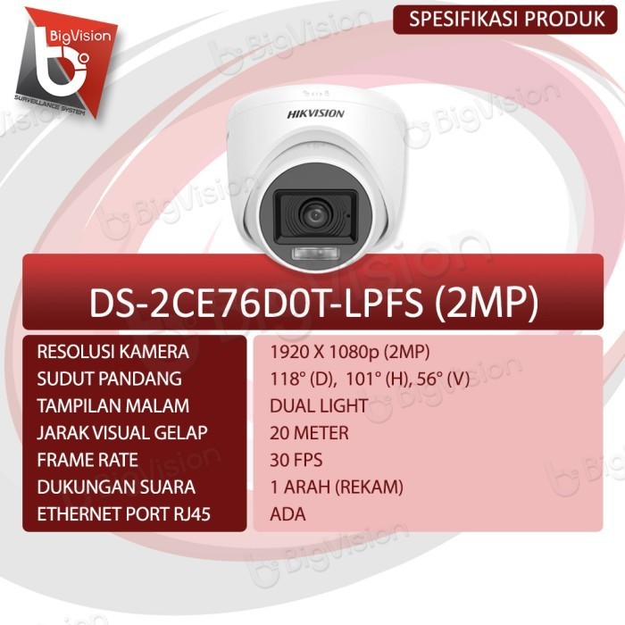 Kamera Analog Hikvision 2Mp Colorvu Camera Cctv Indoor Audio 1080P